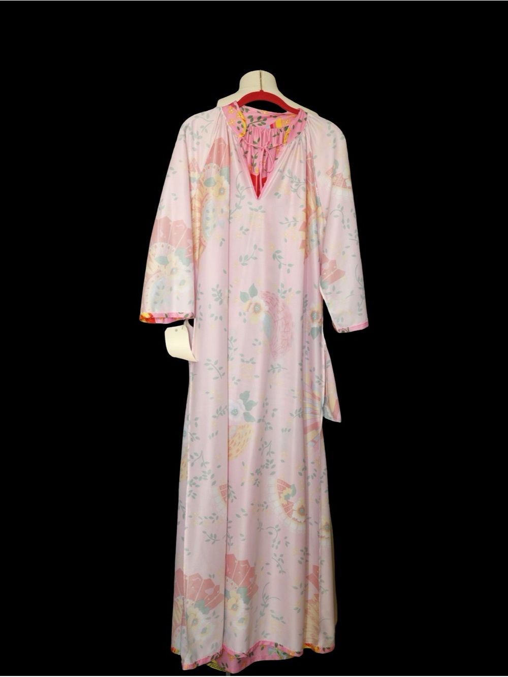 1970s Pink Japanese Fan Floral Housedress Maxi Robe Kaftan Tie Neck Vintage - Picture 4 of 14